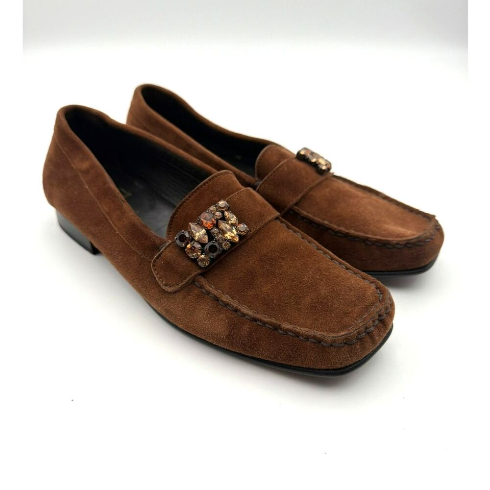 Stuart Weitzman Brown Suede Jeweled Loafers Flats 6 Preppy Heritage Embellished